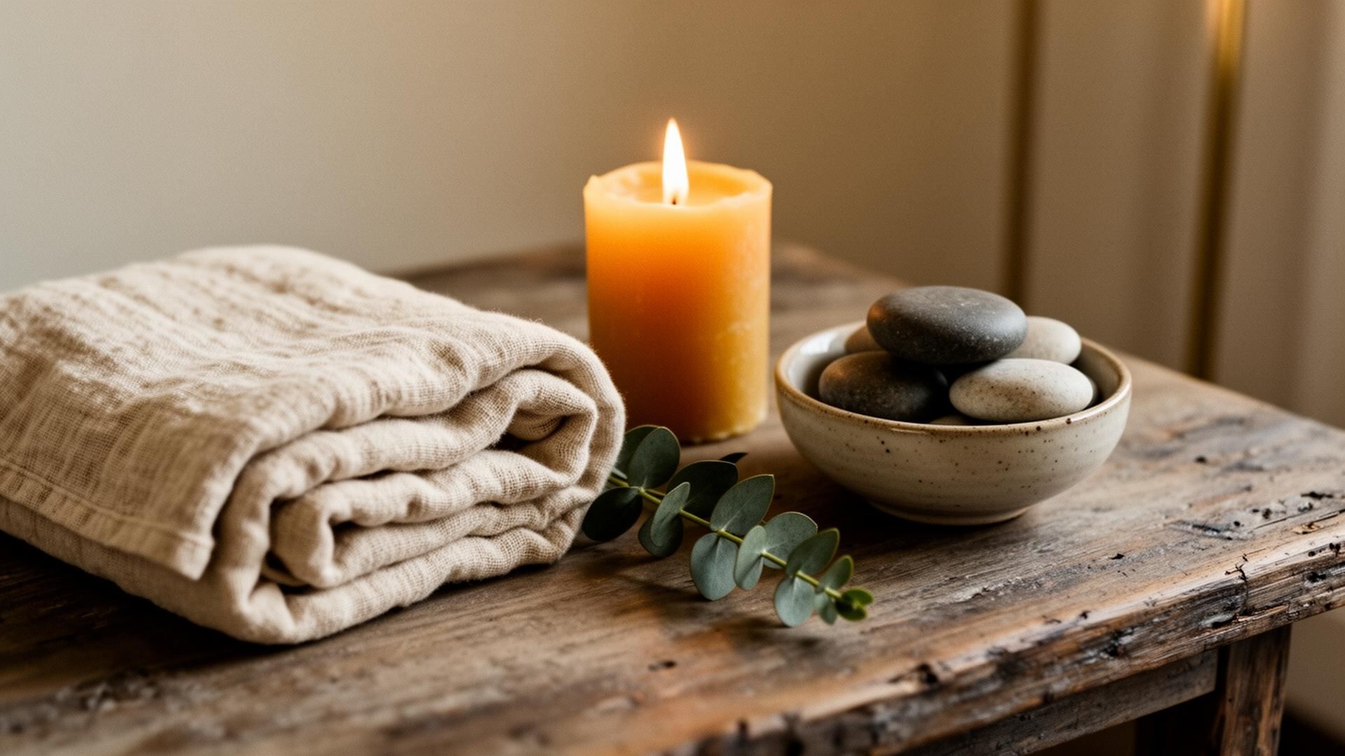 Warm linens and candle glow at ZionZen